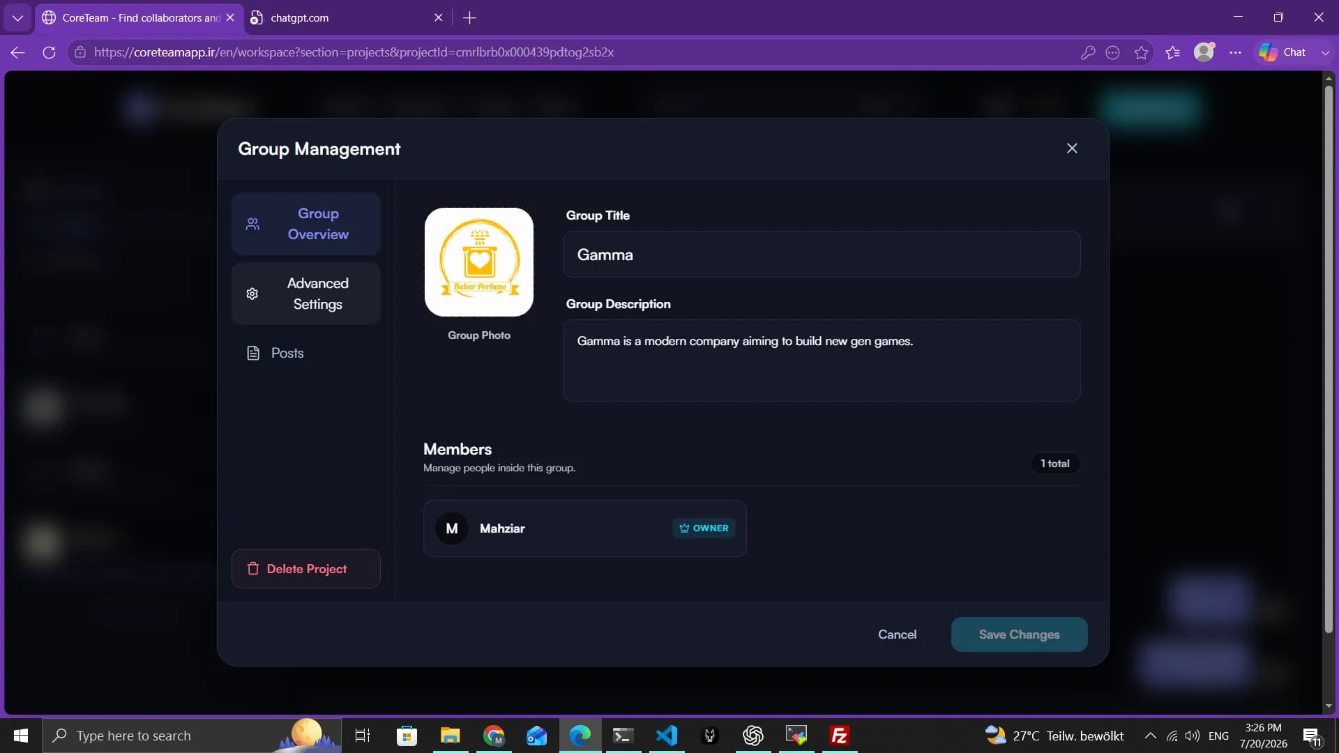 Project Workspaces, Groups, and Invitations interface